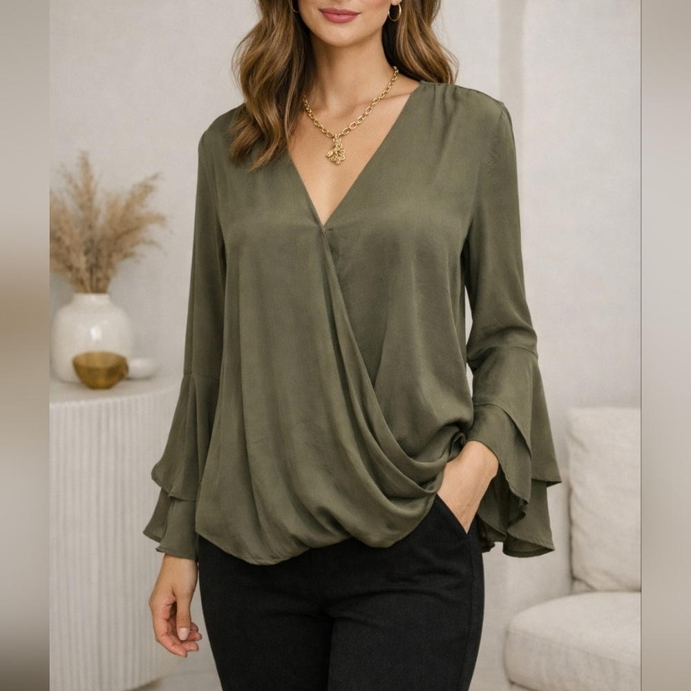 Michael Michael Kors Olive Draped Blouse | Fall Workwear Chic Top S